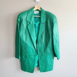 Vintage 1980s 1990s Bagatelle Margaret Godfrey bright green leather jacket.